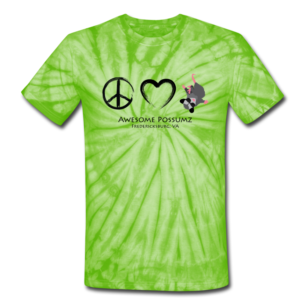 Peace, Love and Possums Tee Shirt - spider lime green