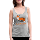 Woman wearing a heather grey tank top with the words "Oh For Fox Sake" and an illustration of a smiling fox