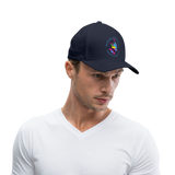 Man wearing a navy blue baseball hat with the words "Awesome Possumz Fredericksburg VA" and illustration of a blue and pink possum